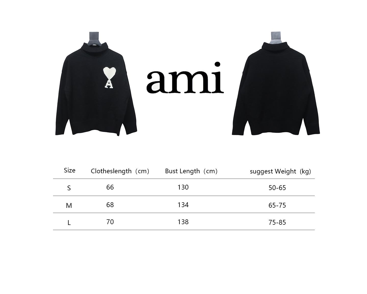 Ami 23Fw Heart Jacquard Turtleneck Sweater Black White