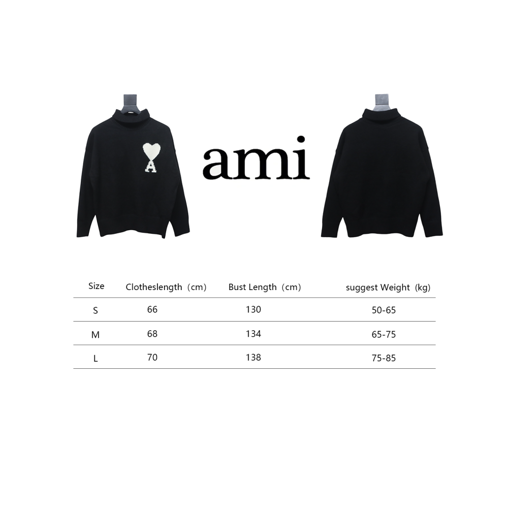 Ami 23Fw Heart Jacquard Turtleneck Sweater Black White