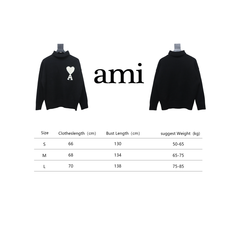 Ami 23Fw Heart Jacquard Turtleneck Sweater Black White