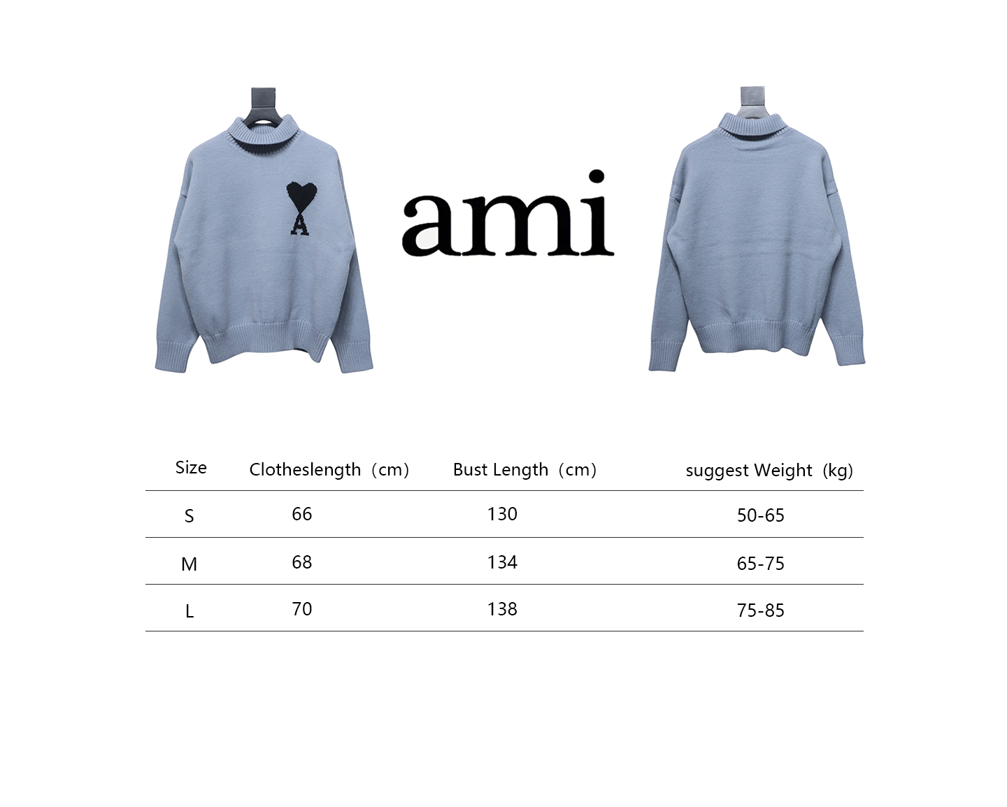 Ami 23Fw Heart Jacquard Turtleneck Sweater Grey