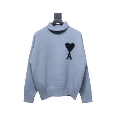 Ami 23Fw Heart Jacquard Turtleneck Sweater Grey 01