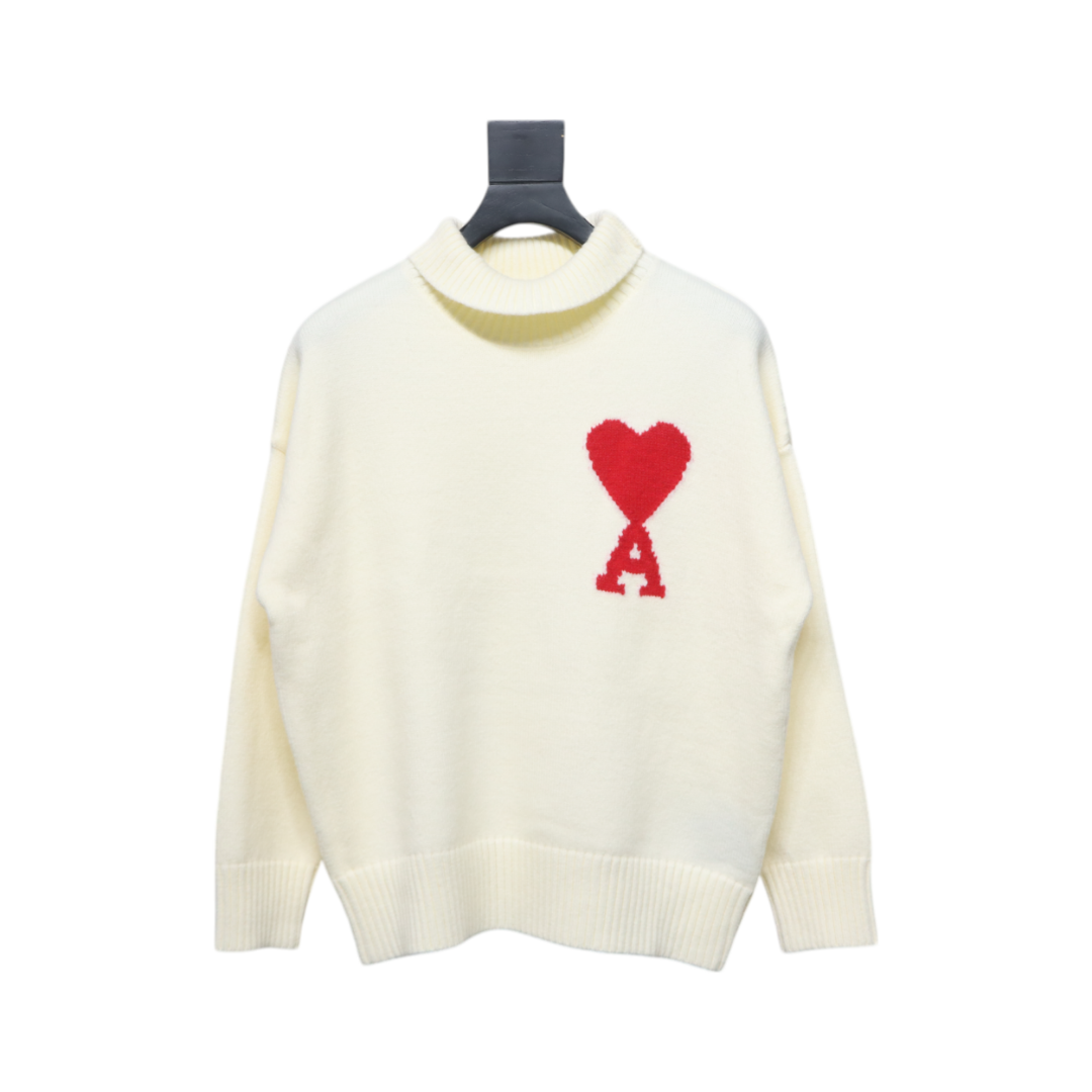 Ami 23Fw Heart Jacquard Turtleneck Sweater White Red