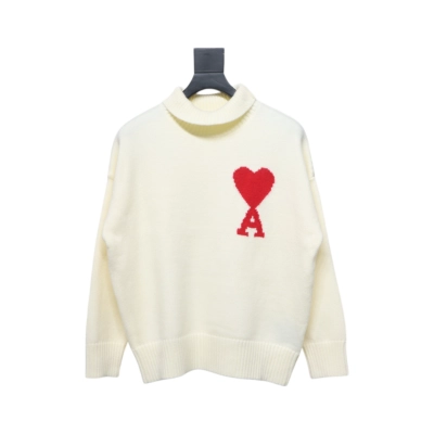 Ami 23Fw Heart Jacquard Turtleneck Sweater White Red 01