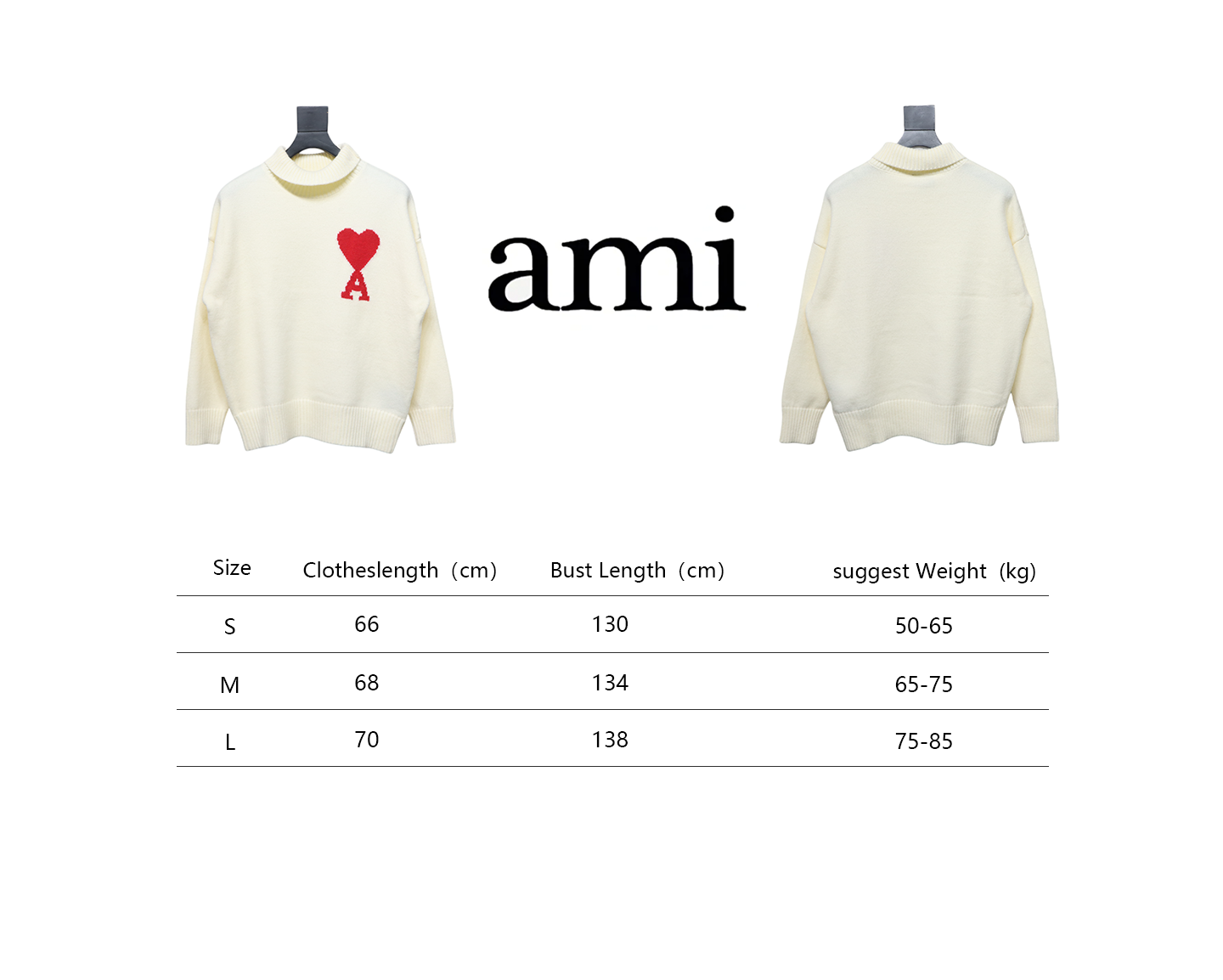 Ami 23Fw Heart Jacquard Turtleneck Sweater White Red