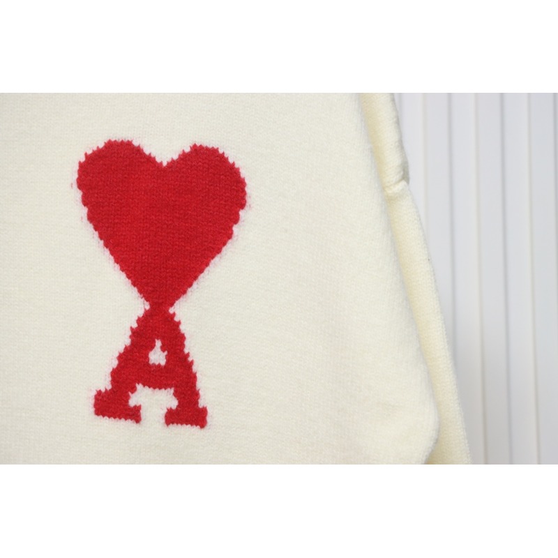 Ami 23Fw Heart Jacquard Turtleneck Sweater White Red