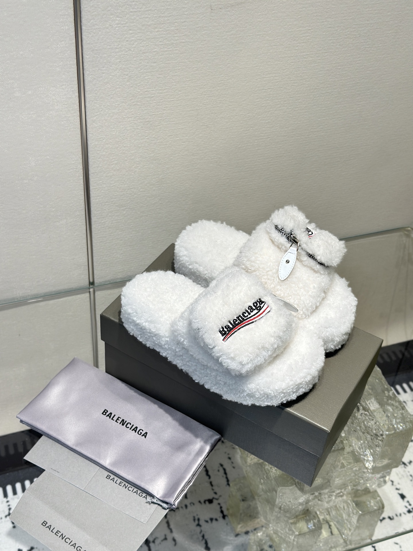 Balenciaga Women's Furry Platform Sandal in White