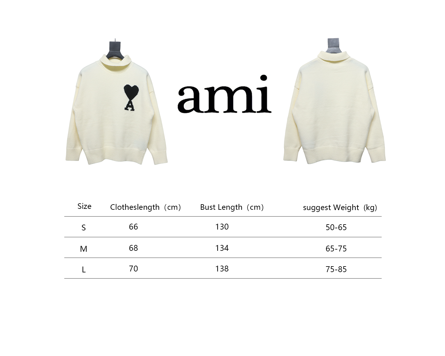 Ami 23Fw Heart Jacquard Turtleneck Sweater White