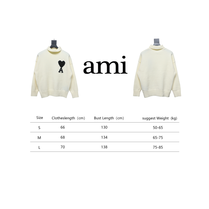 Ami 23Fw Heart Jacquard Turtleneck Sweater White