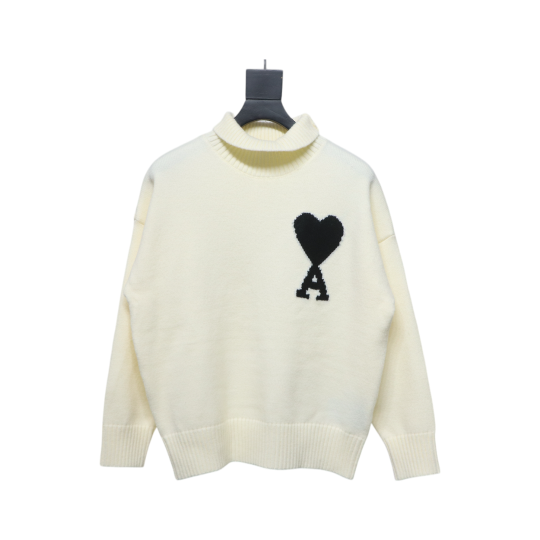 Ami 23Fw Heart Jacquard Turtleneck Sweater White