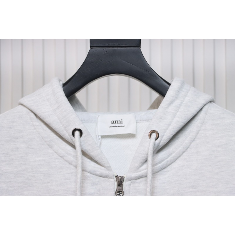 Ami Classic Heart Embroidered Zip-Up Jacket, New Early Fall Zip-Up Hoodie Grey