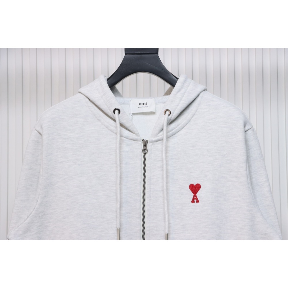 Ami Classic Heart Embroidered Zip-Up Jacket, New Early Fall Zip-Up Hoodie Grey