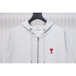Ami Classic Heart Embroidered Zip-Up Jacket, New Early Fall Zip-Up Hoodie Grey