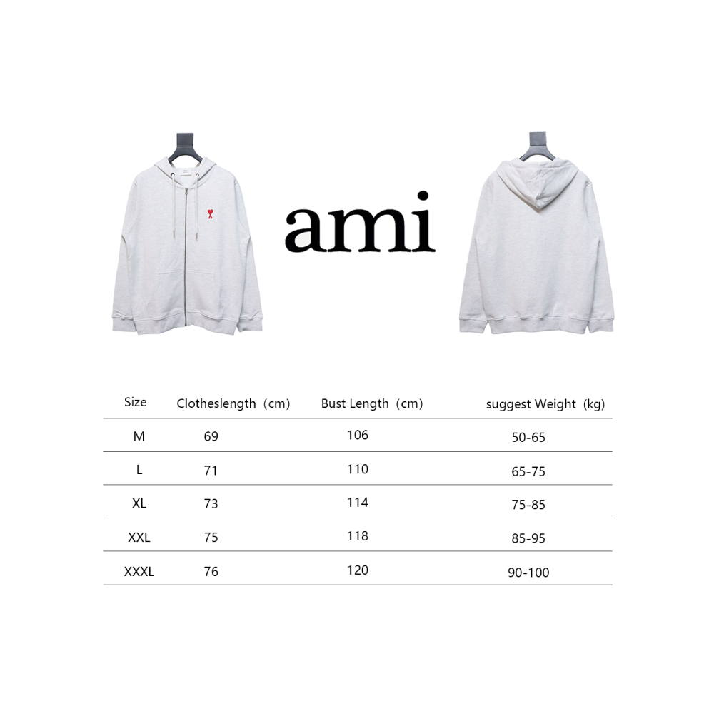 Ami Classic Heart Embroidered Zip-Up Jacket, New Early Fall Zip-Up Hoodie Grey