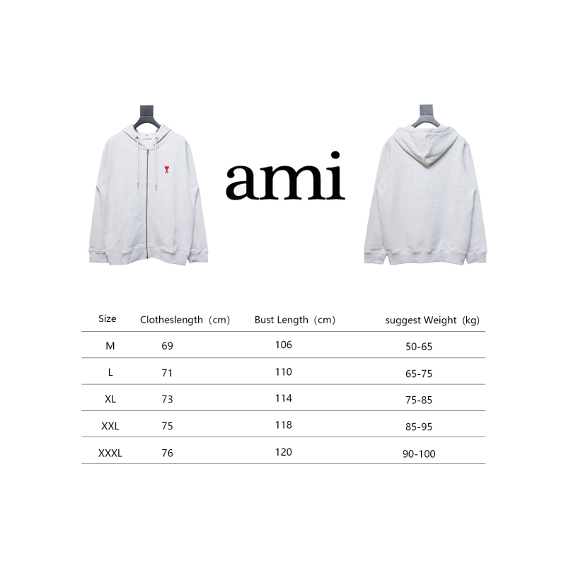 Ami Classic Heart Embroidered Zip-Up Jacket, New Early Fall Zip-Up Hoodie Grey