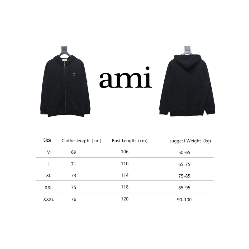 Ami Classic Heart Embroidered Zip-Up Jacket, New Early Fall Zip-Up Hoodie Black