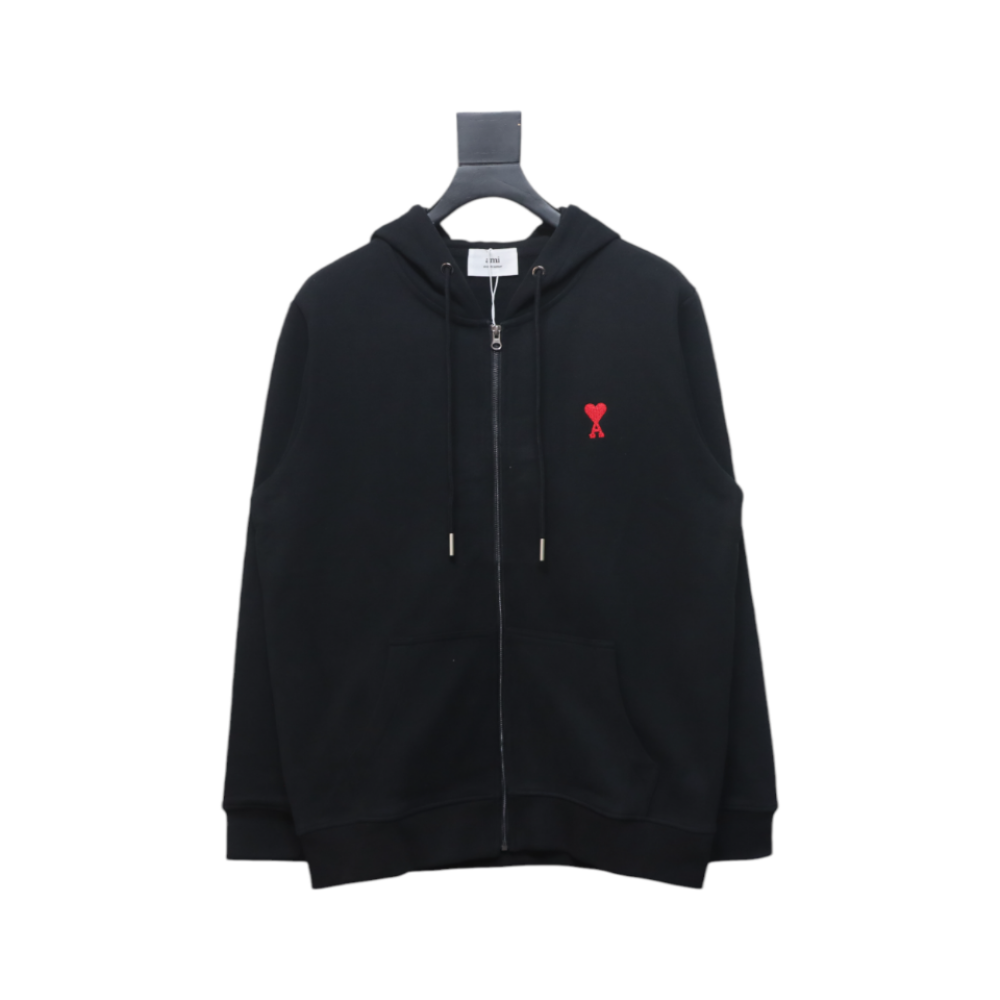 Ami Classic Heart Embroidered Zip-Up Jacket, New Early Fall Zip-Up Hoodie Black