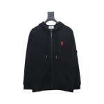 Ami Classic Heart Embroidered Zip-Up Jacket, New Early Fall Zip-Up Hoodie Black