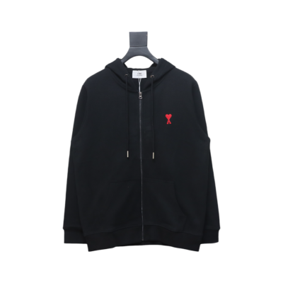 Ami Classic Heart Embroidered Zip-Up Jacket, New Early Fall Zip-Up Hoodie Black 01