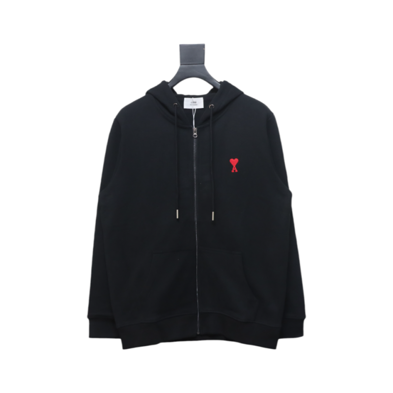 Ami Classic Heart Embroidered Zip-Up Jacket, New Early Fall Zip-Up Hoodie Black
