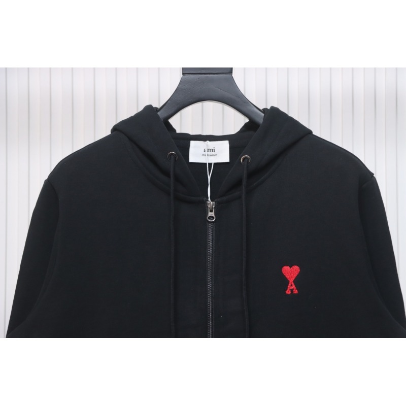 Ami Classic Heart Embroidered Zip-Up Jacket, New Early Fall Zip-Up Hoodie Black