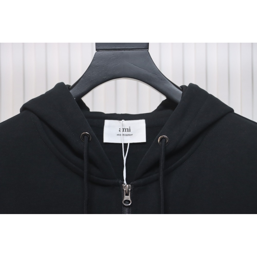 Ami Classic Heart Embroidered Zip-Up Jacket, New Early Fall Zip-Up Hoodie Black