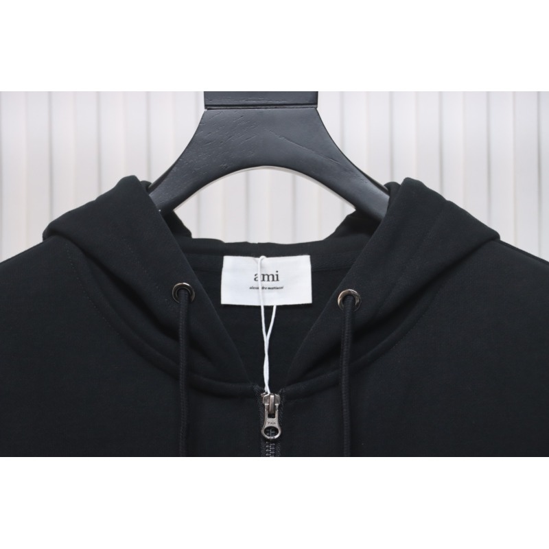 Ami Classic Heart Embroidered Zip-Up Jacket, New Early Fall Zip-Up Hoodie Black