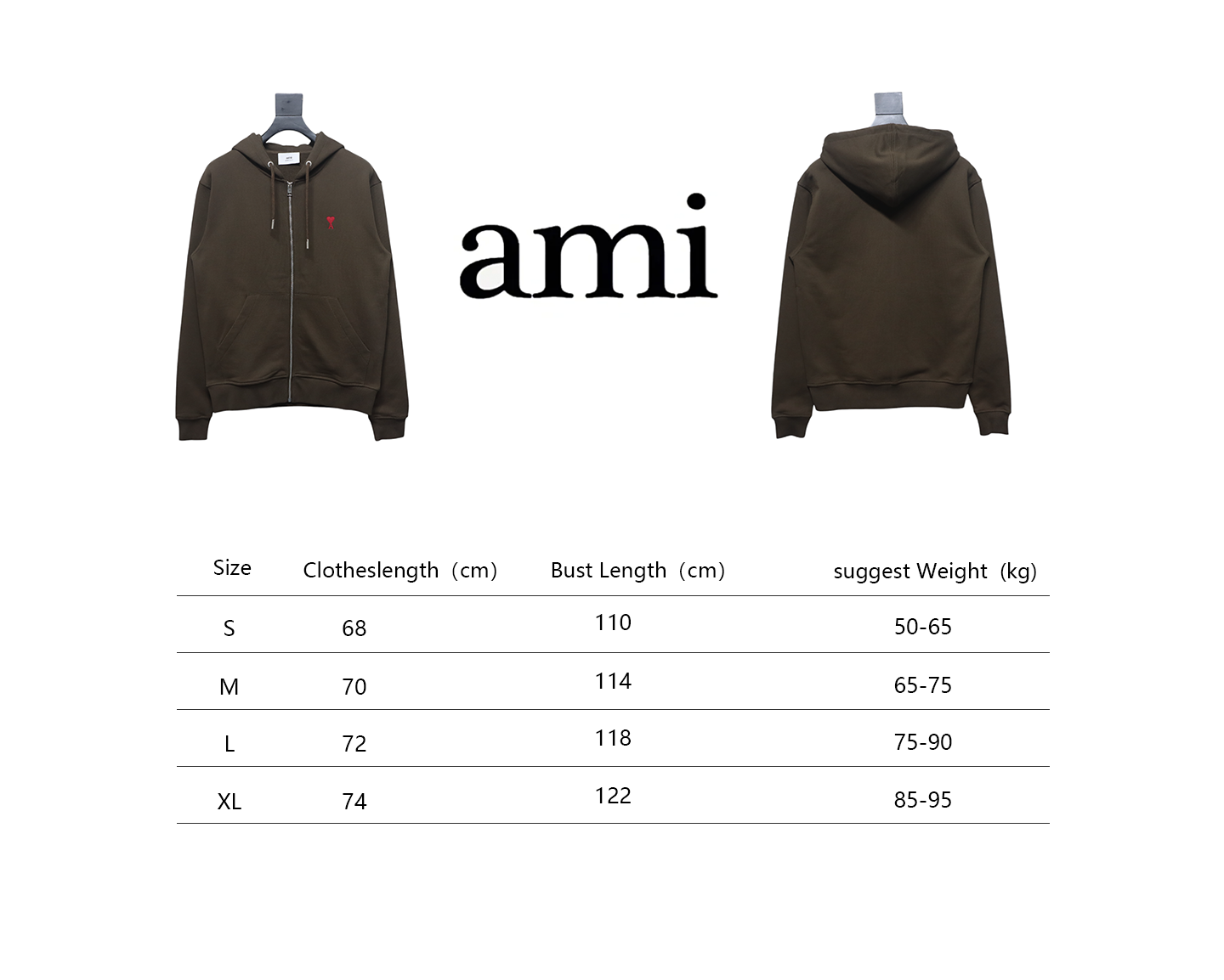 Ami Classic Heart Embroidered Zip-Up Jacket, New Early Fall Zip-Up Hoodie Brown