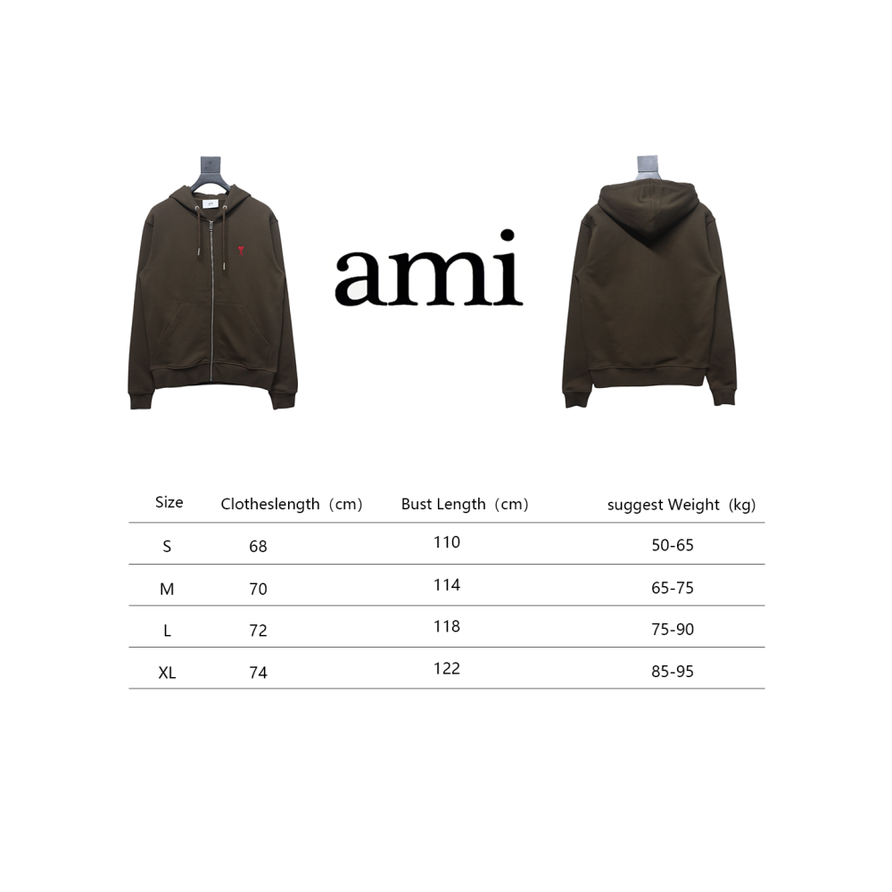 Ami Classic Heart Embroidered Zip-Up Jacket, New Early Fall Zip-Up Hoodie Brown