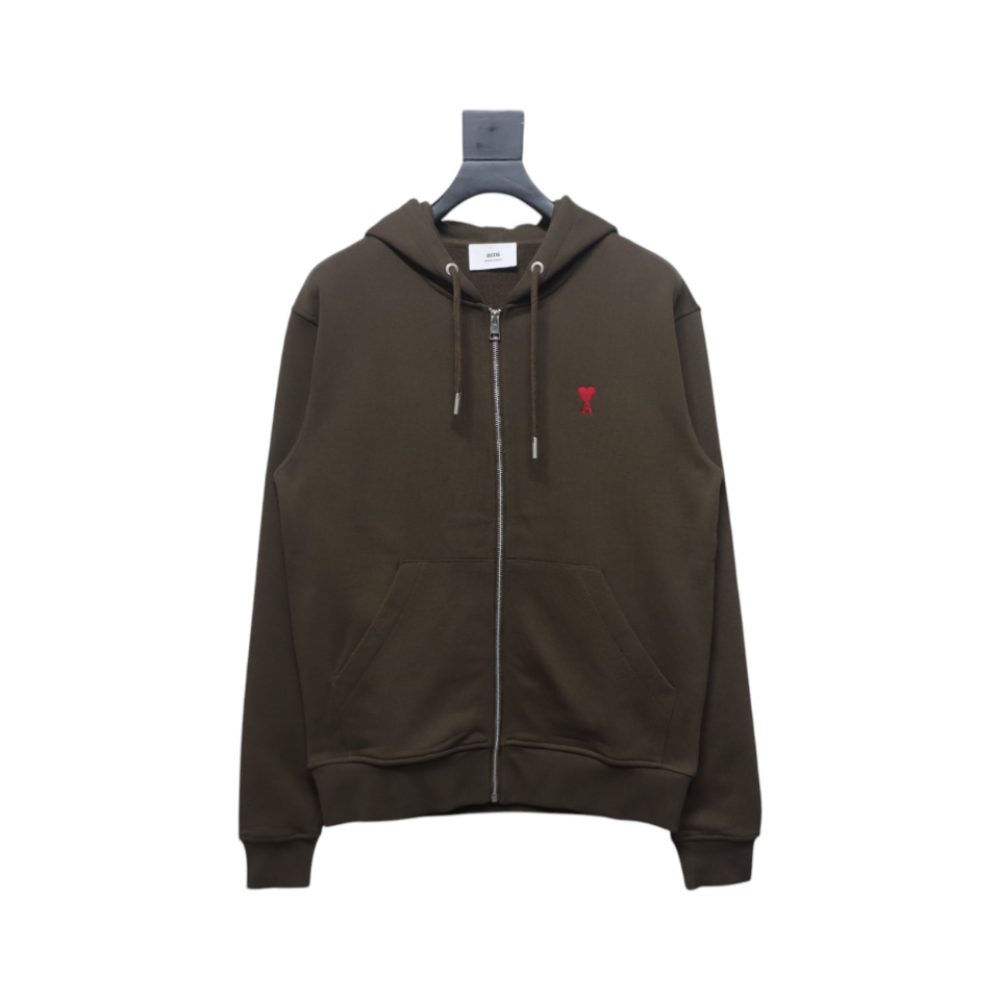 Ami Classic Heart Embroidered Zip-Up Jacket, New Early Fall Zip-Up Hoodie Brown