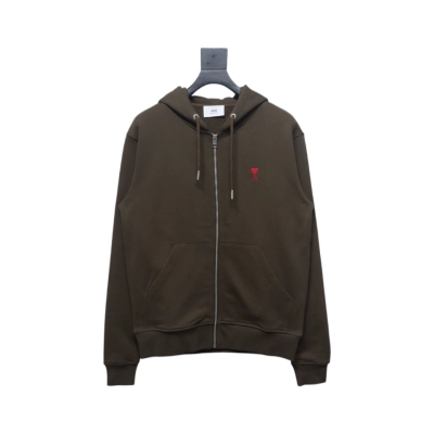 Ami Classic Heart Embroidered Zip-Up Jacket, New Early Fall Zip-Up Hoodie Brown 01