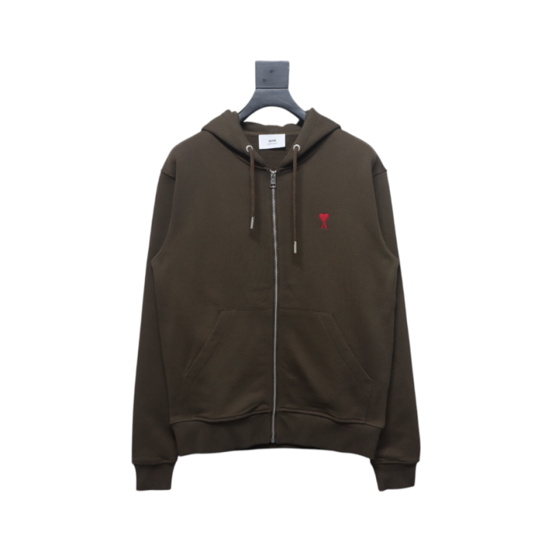 Ami Classic Heart Embroidered Zip-Up Jacket, New Early Fall Zip-Up Hoodie Brown