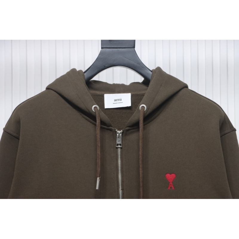 Ami Classic Heart Embroidered Zip-Up Jacket, New Early Fall Zip-Up Hoodie Brown