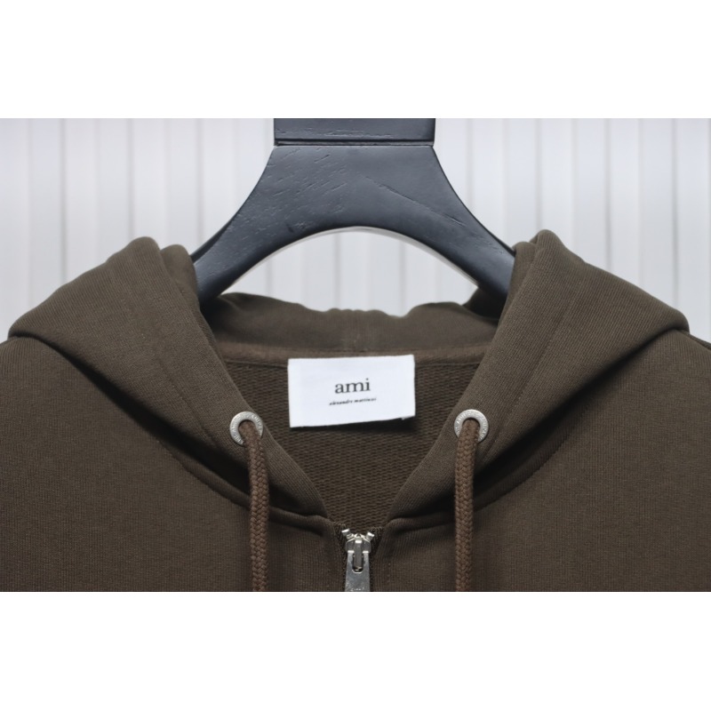 Ami Classic Heart Embroidered Zip-Up Jacket, New Early Fall Zip-Up Hoodie Brown