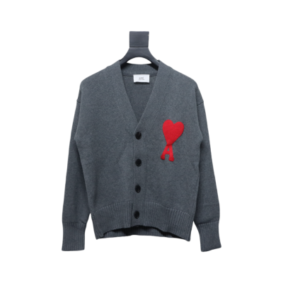 AMI PARIS 21FW Heart Embroidered Cardigan Grey 01