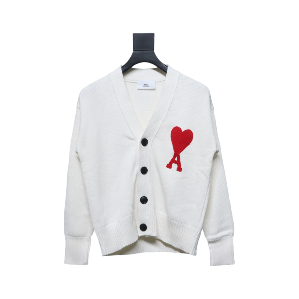 AMI PARIS 21FW Heart Embroidered Cardigan White