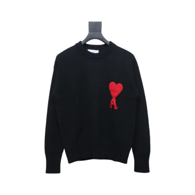 AMI PARIS 21FW Heart Embroidered Crew Neck Sweater Black 01