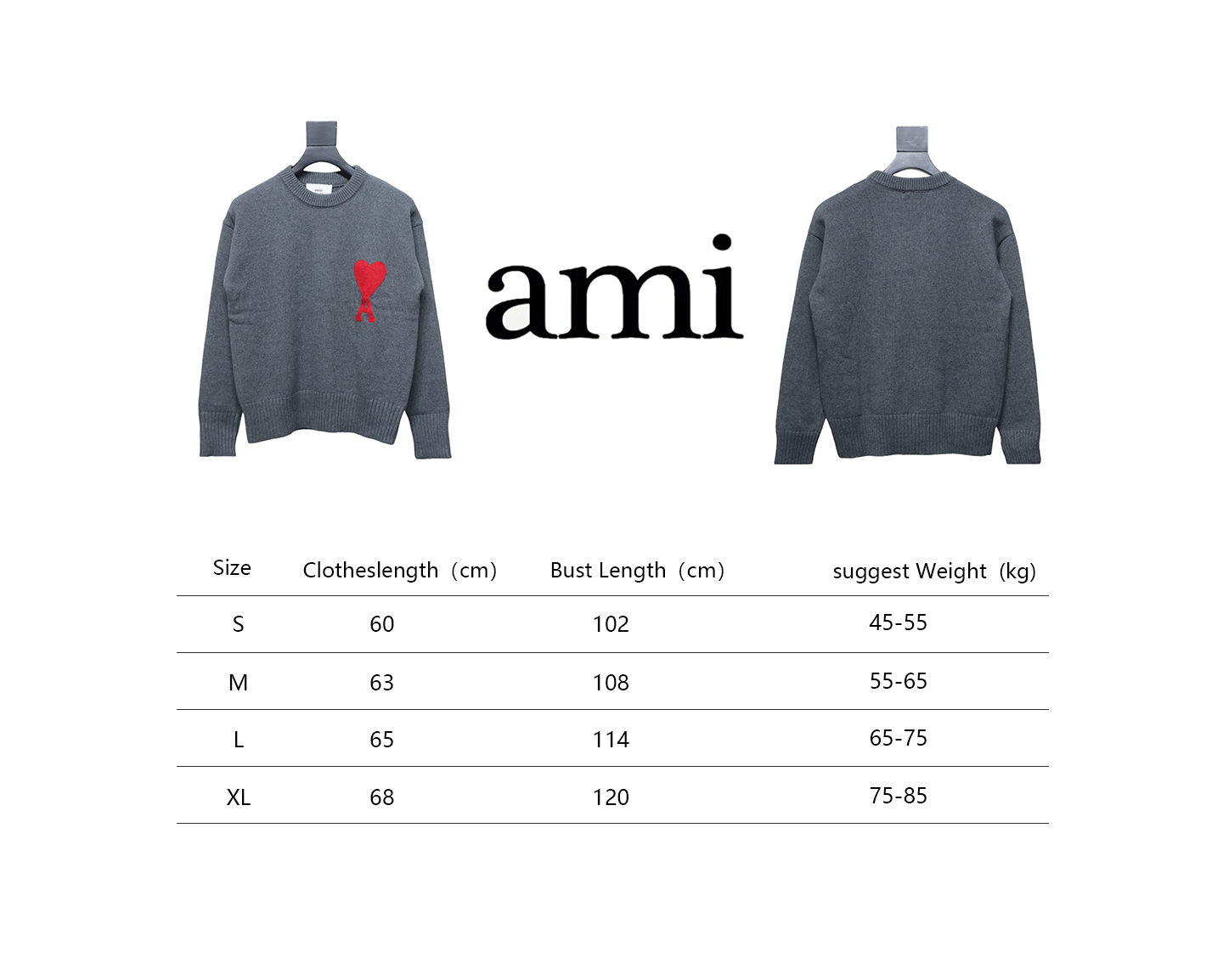 AMI PARIS 21FW Heart Embroidered Crew Neck Sweater Grey