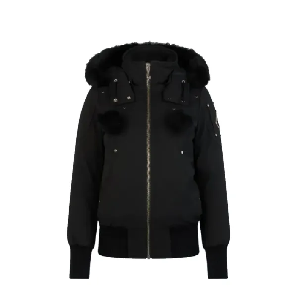 【TOP Version】Moose Knuckles Logo Plaque Zip-Up Black Jacket Black Wool Collar（NFC)