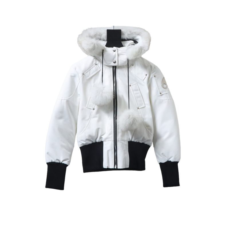 Moose Knuckles Women's Debbie Shearling Bomber Jacket White With A Pom-Pom