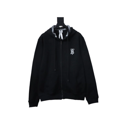 Burberry Logo Check Hooded Zip-Up Sweatshirt Black 01