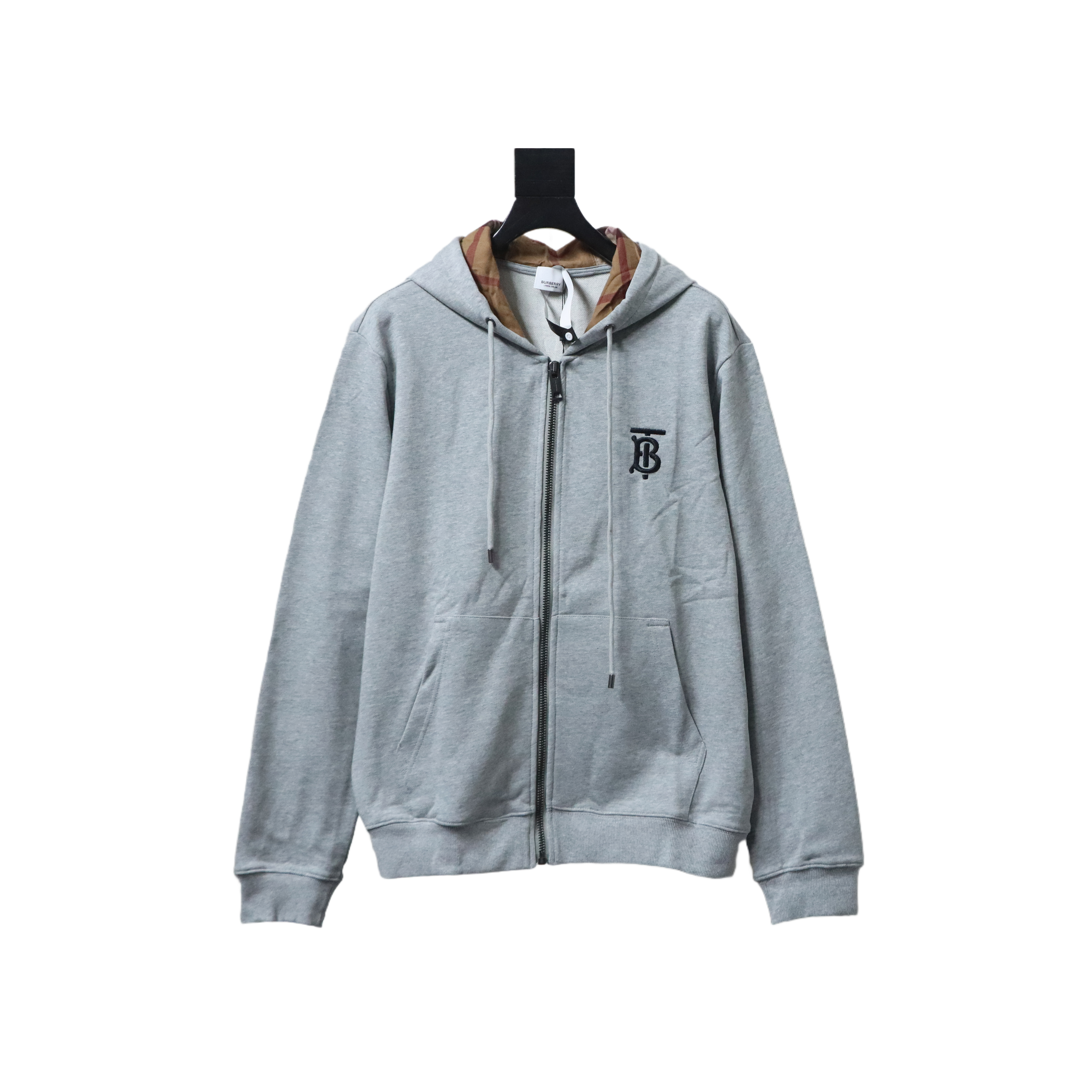 Burberry Logo Check Hooded Zip-Up Sweatshirt Grey