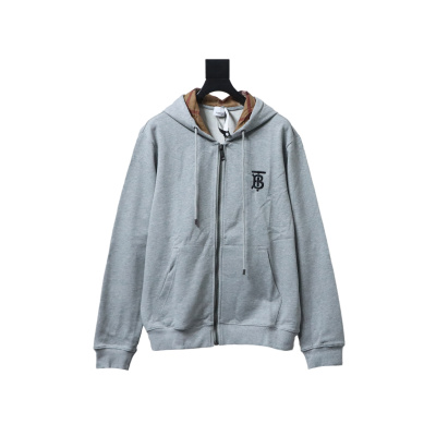 Burberry Logo Check Hooded Zip-Up Sweatshirt Grey 01