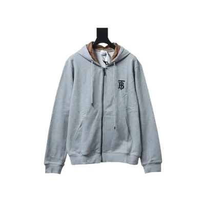 Burberry Logo Check Hooded Zip-Up Sweatshirt Grey 01