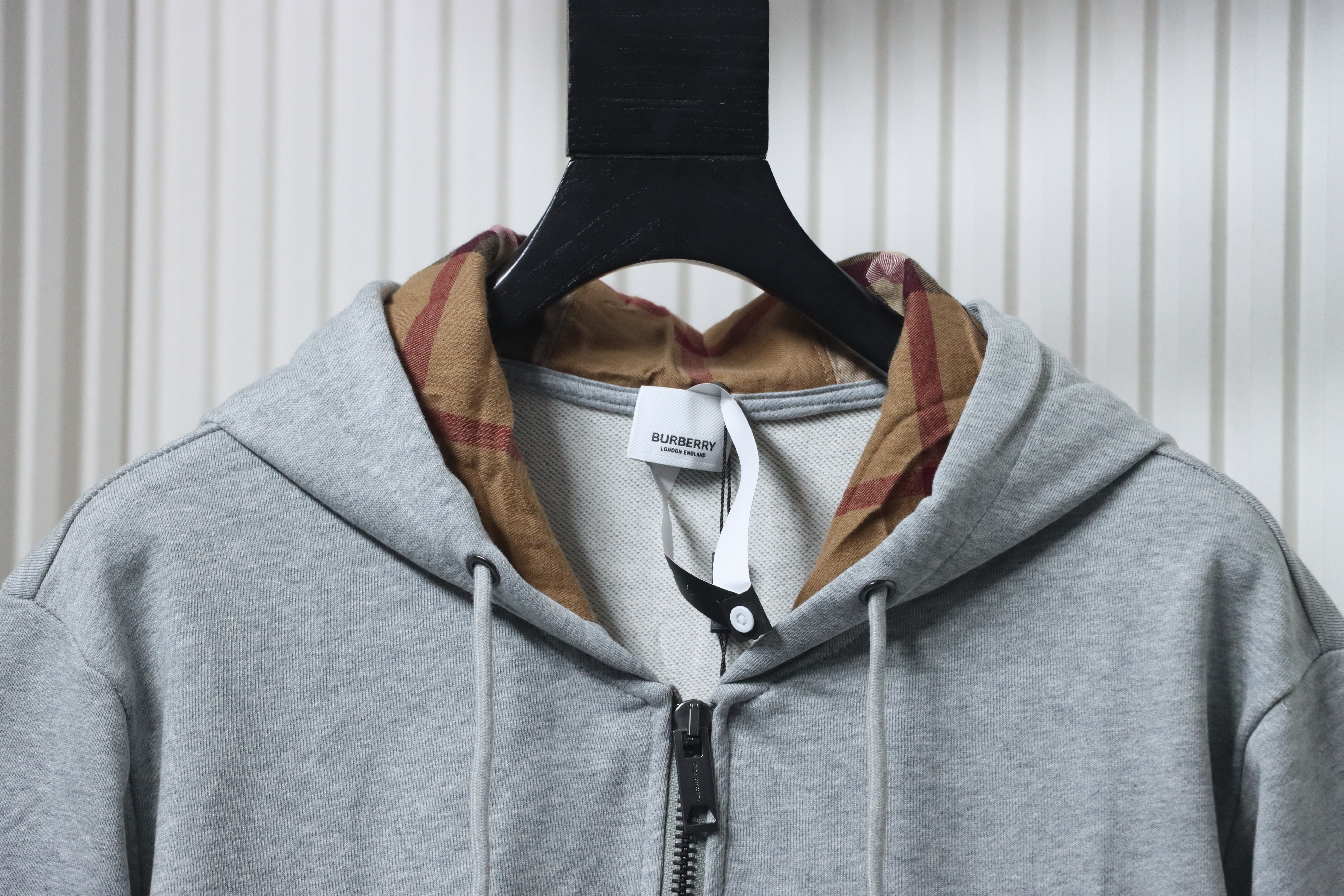 Burberry Logo Check Hooded Zip-Up Sweatshirt Grey
