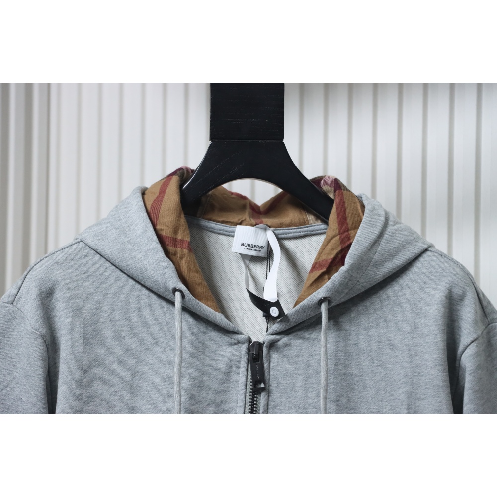 Burberry Logo Check Hooded Zip-Up Sweatshirt Grey