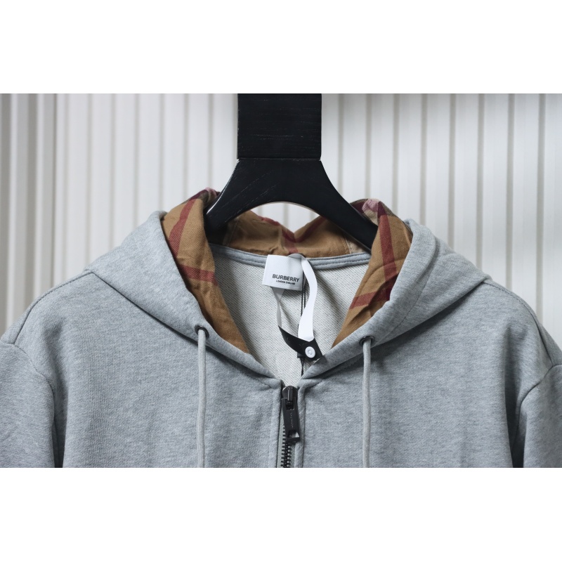 Burberry Logo Check Hooded Zip-Up Sweatshirt Grey