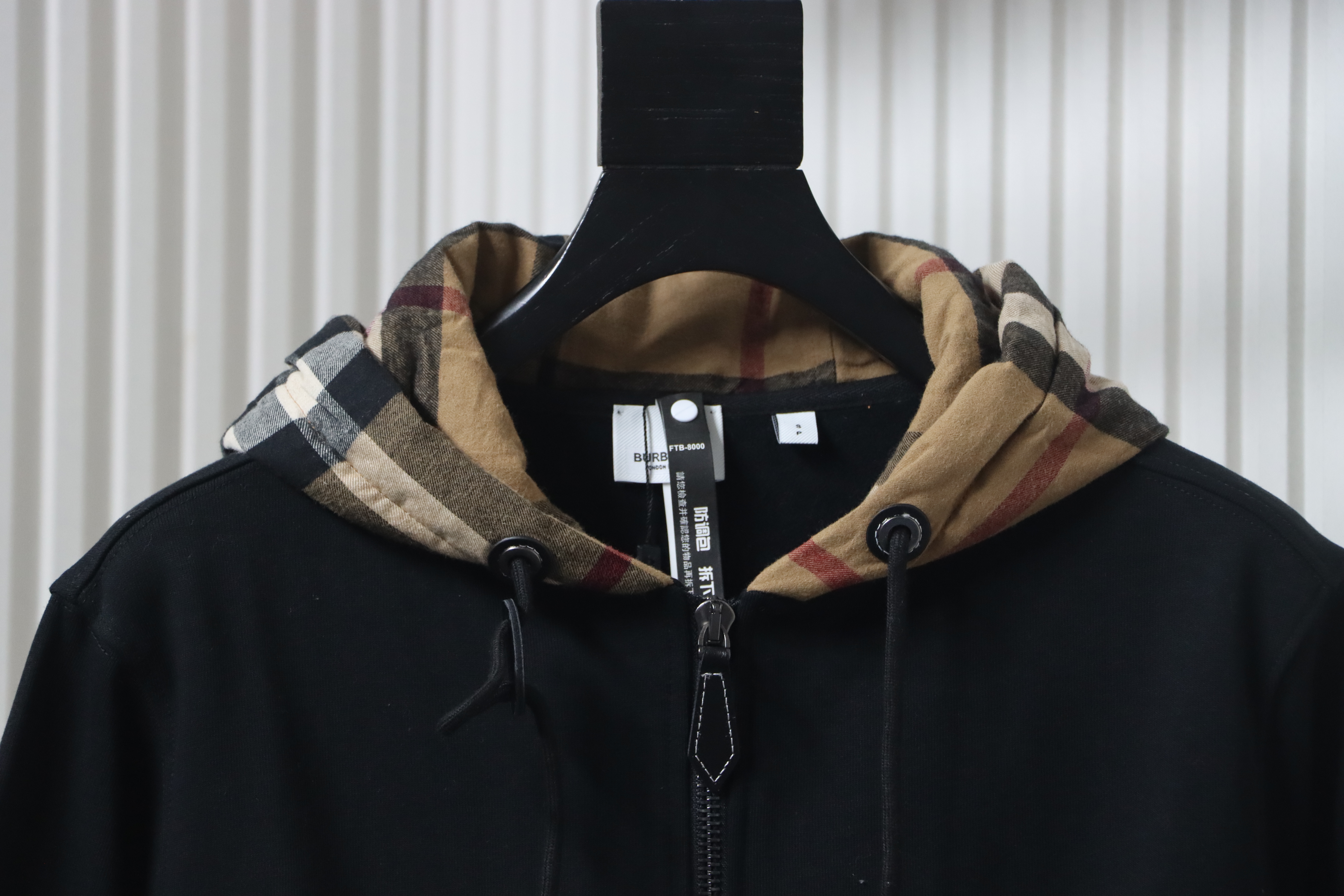 Burberry Plaid Panel Zip-Up Hooded Jacket Black