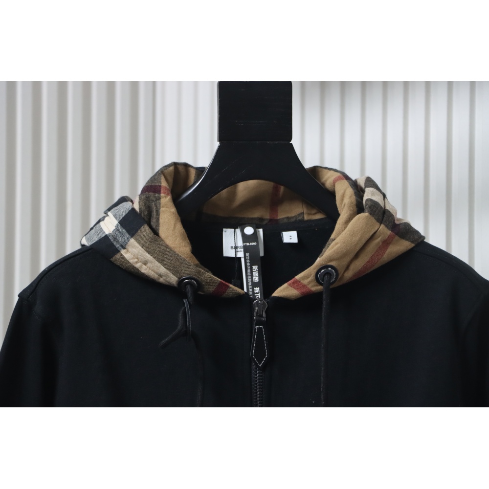 Burberry Plaid Panel Zip-Up Hooded Jacket Black