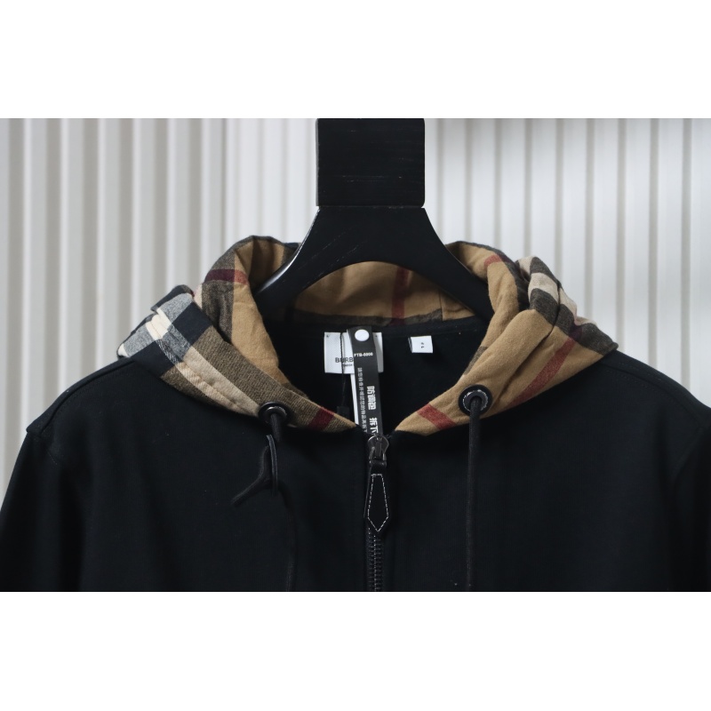 Burberry Plaid Panel Zip-Up Hooded Jacket Black