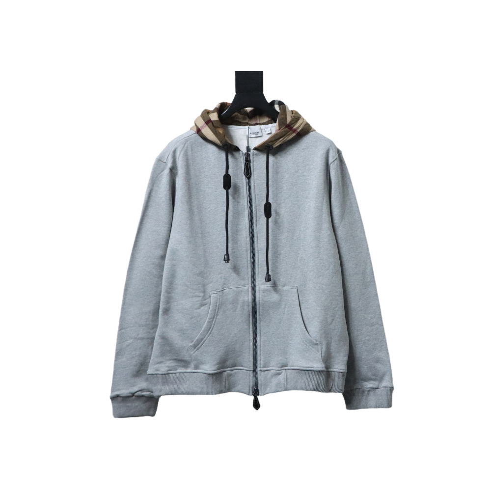 Burberry Plaid Panel Zip-Up Hooded Jacket Grey
